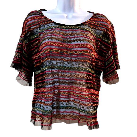 Anthropologie Maeve Embroidered Sheer Mesh Blouse Kimono Sleeve Boho Festival Sm - Picture 1 of 7
